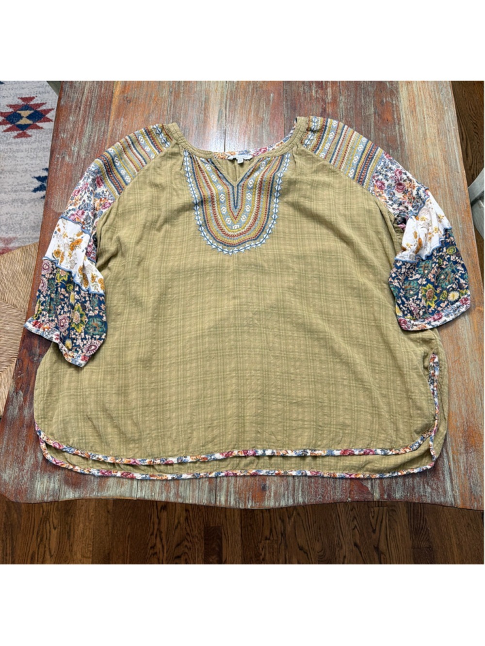 John Mark 2X Olive Khaki Green Embroidered Mixed Print Tunic Top Boho Floral